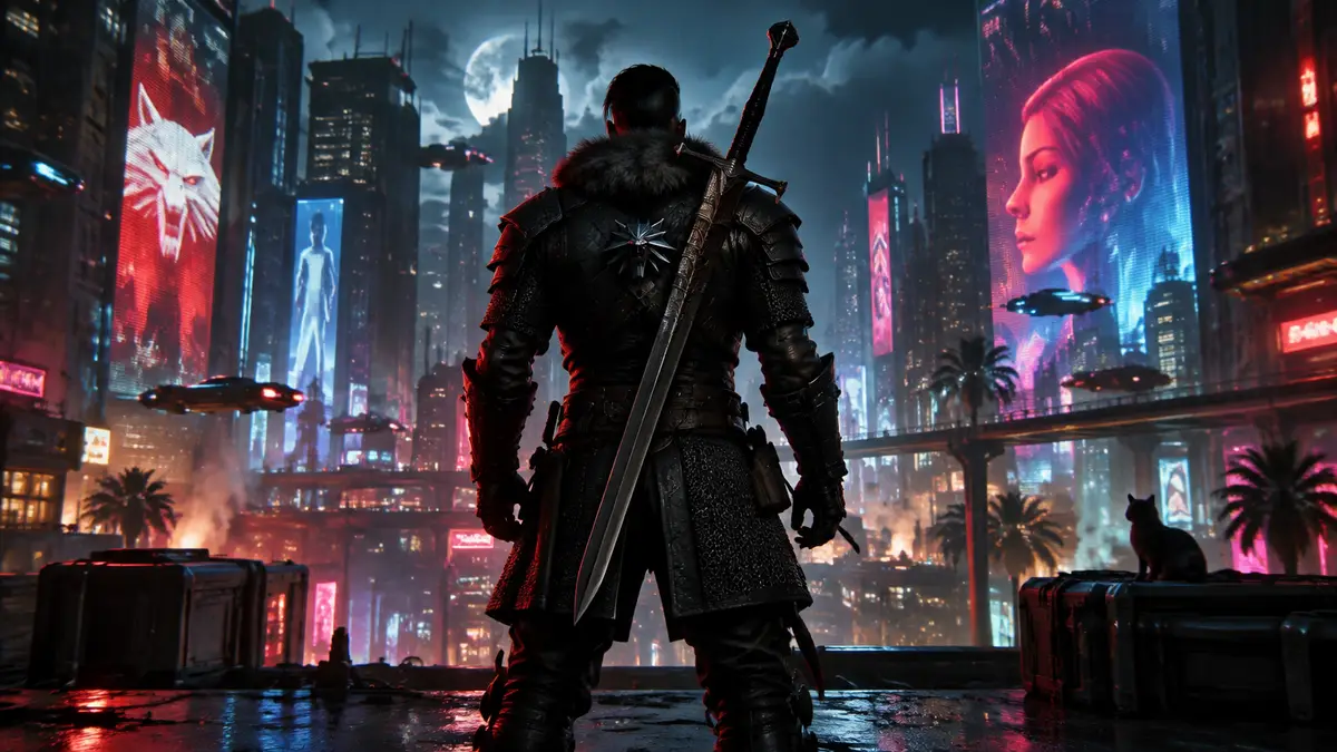 Ви из Cyberpunk 2077 в доспехе Ursine Школы Медведя с мечом Sihil на фоне неонового Найт-Сити