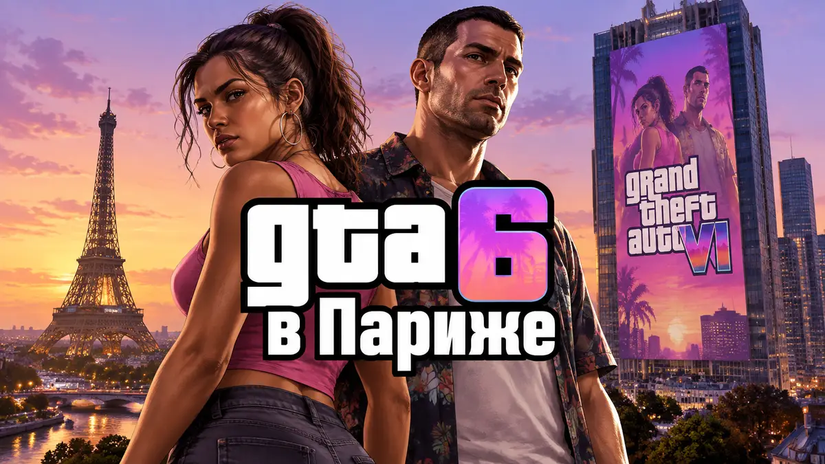 Лусия и Джейсон из GTA 6 на фоне парижской башни с огромным баннером в стиле обложки Grand Theft Auto 6