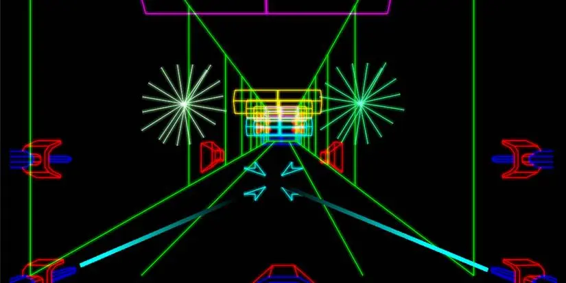 1983's Star Wars arcade game featuring neon FPS play on a black screen