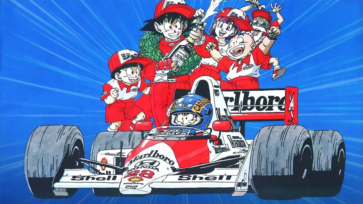 Goku and other Dragon Ball characters on signed Akira Toriyama flag for F1
