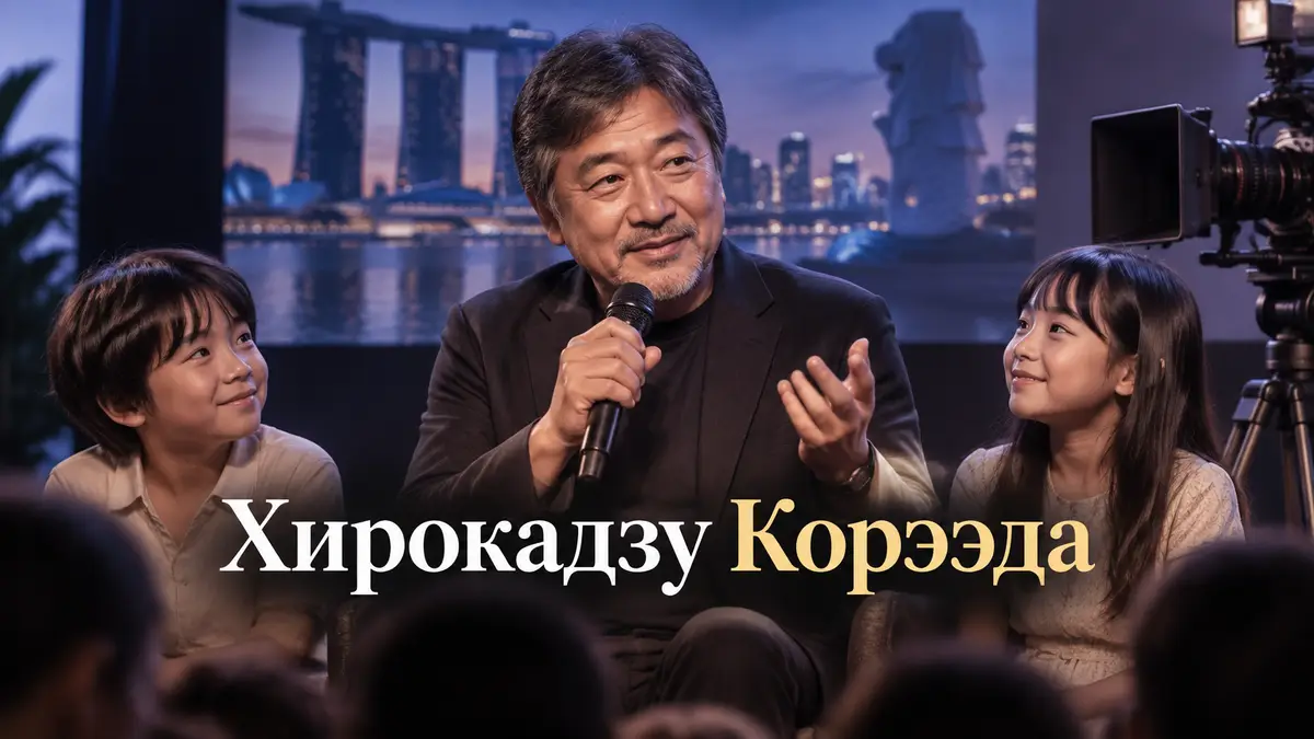 Режиссёр Хирокадзу Корээда на сцене кинофестиваля в Сингапуре, рядом дети-актёры и кинокамера