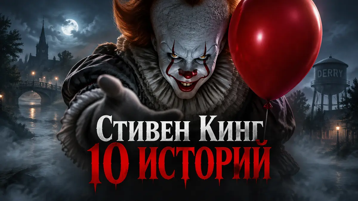 Клоун Пеннивайз с красным шариком у туманного городка, постер в стиле экранизаций Стивена Кинга