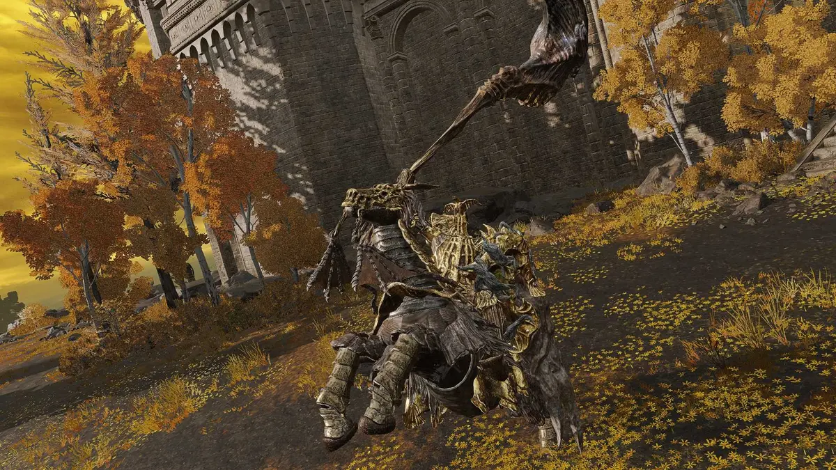 The Draconic Tree Sentinel from elden ring on a rearing horse