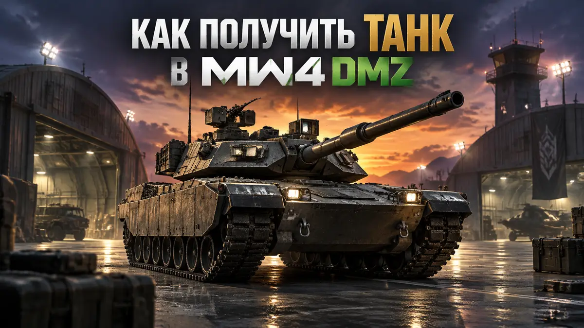 Бронированный танк посреди базы в MW4 DMZ, окруженный ангарами в сумерках
