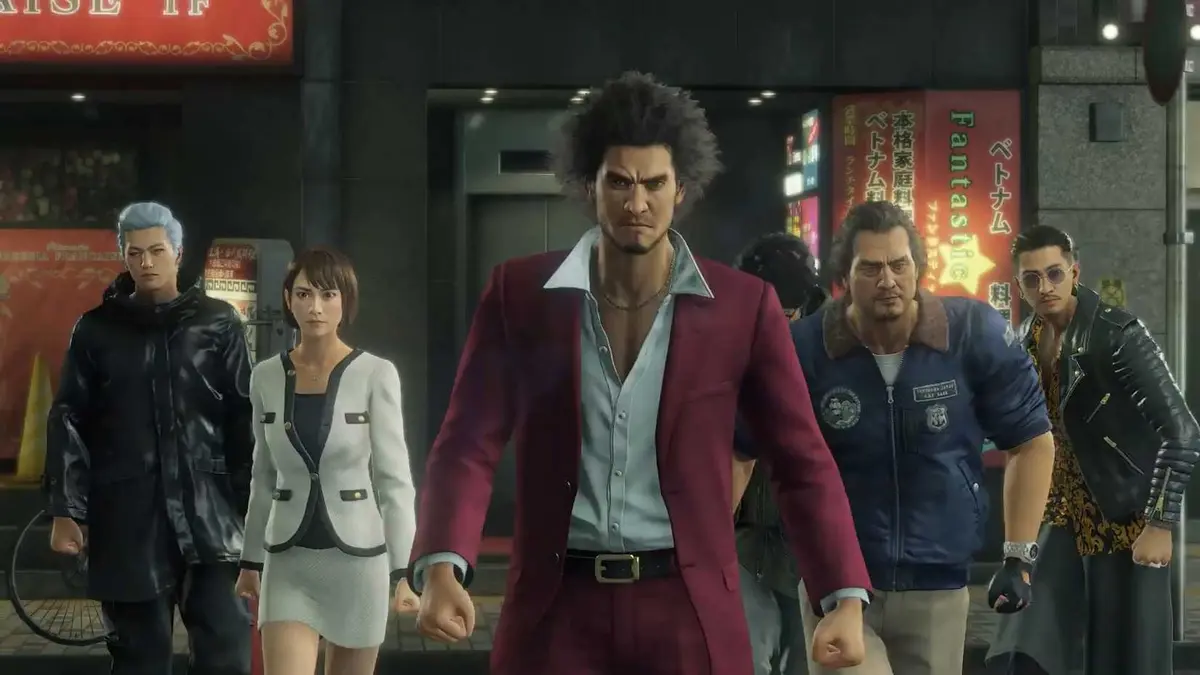 The cast of Yakuza: Like A Dragon stand together while looking intimidating in a cutscene
