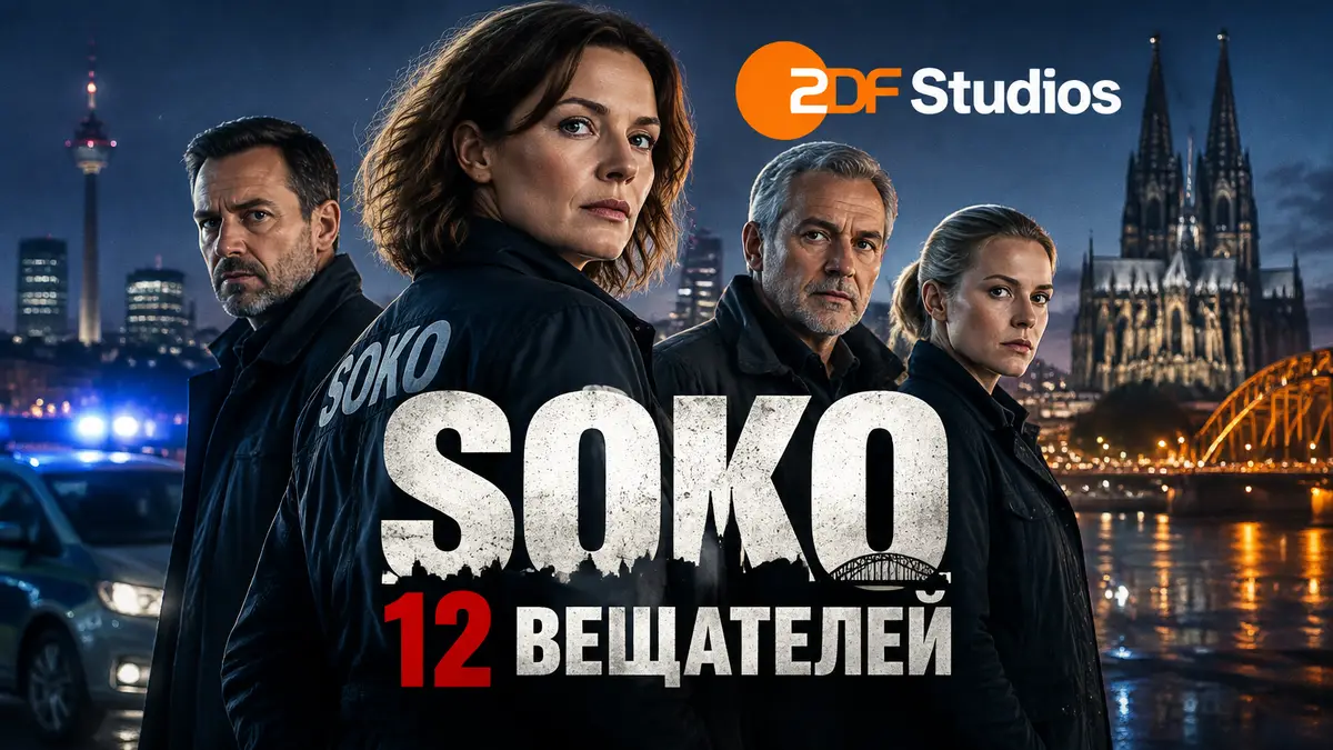 Постер немецкого детективного сериала SOKO: следователи на фоне ночного города и логотипа ZDF Studios