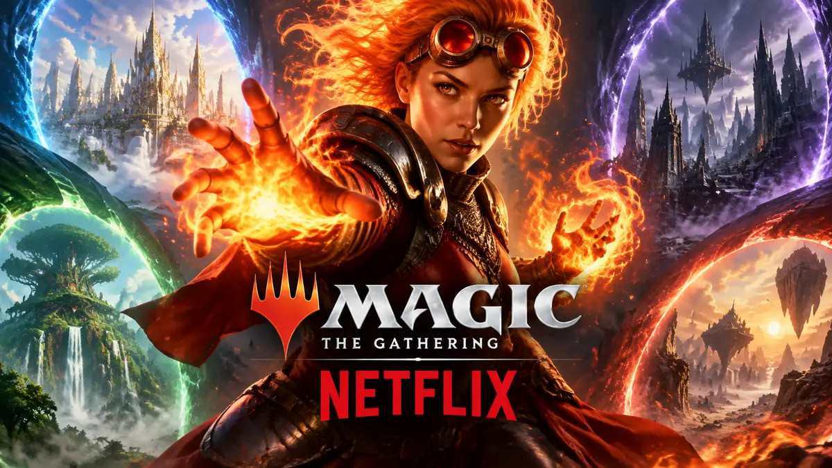 Пиромантка Чандра Налаар с огнём в руках на фоне порталов в миры Magic: The Gathering, постер Netflix