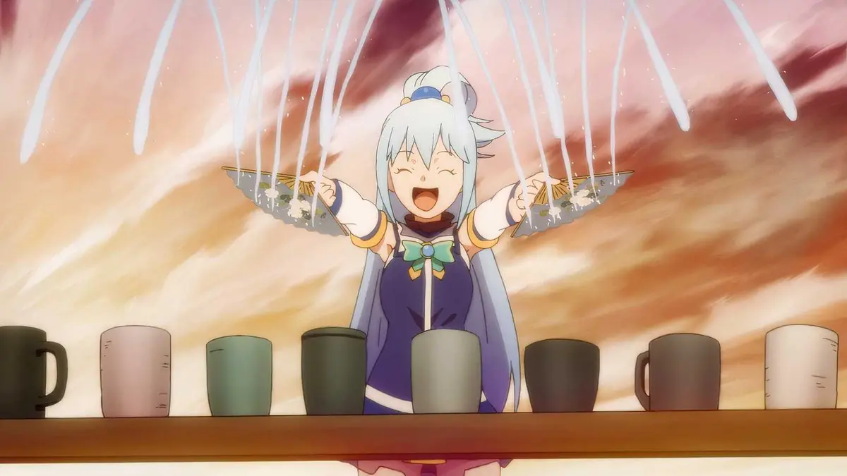 Aqua using her powers as a water goddess to pull off another ridiculous magic trick