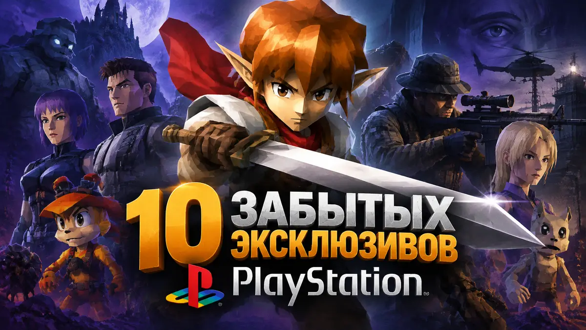 Эльф Alundra с мечом на фоне коллажа героев забытых эксклюзивов PlayStation в ретро-стиле PS1
