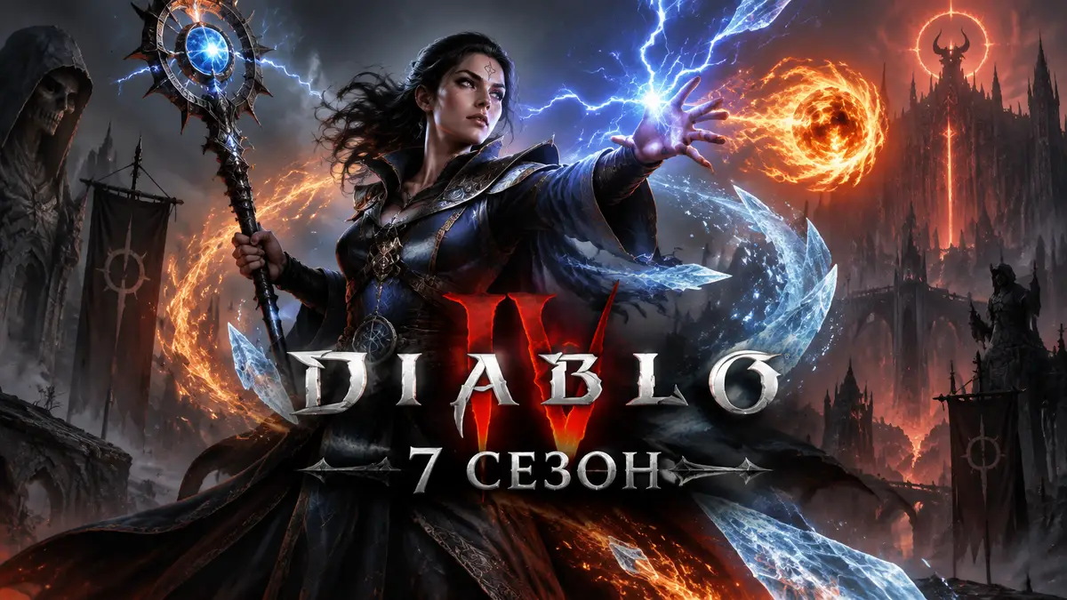 Волшебник из Diablo 4 в мантии с посохом сплетает молнию, огонь и лёд на фоне готического Санктуария