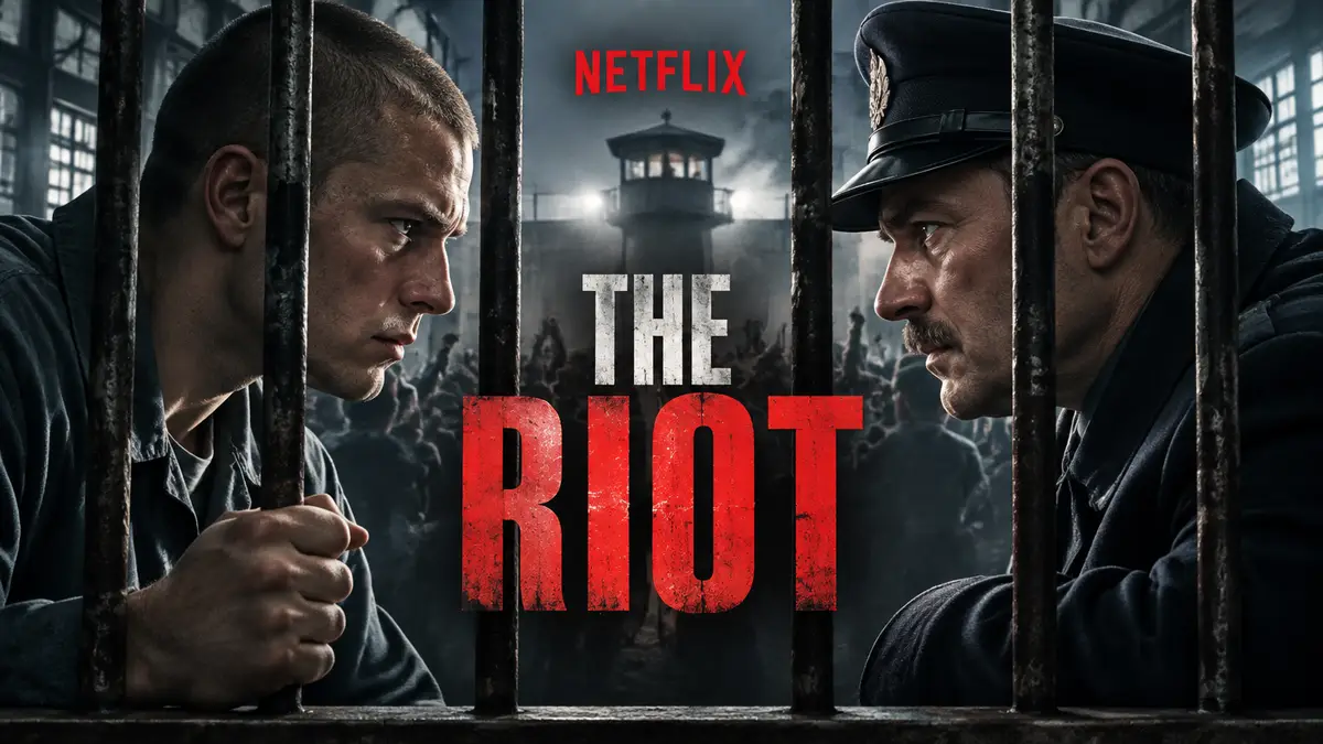 Постер The Riot от Netflix: двое мужчин по разные стороны решётки в тюрьме Мроки, красный логотип
