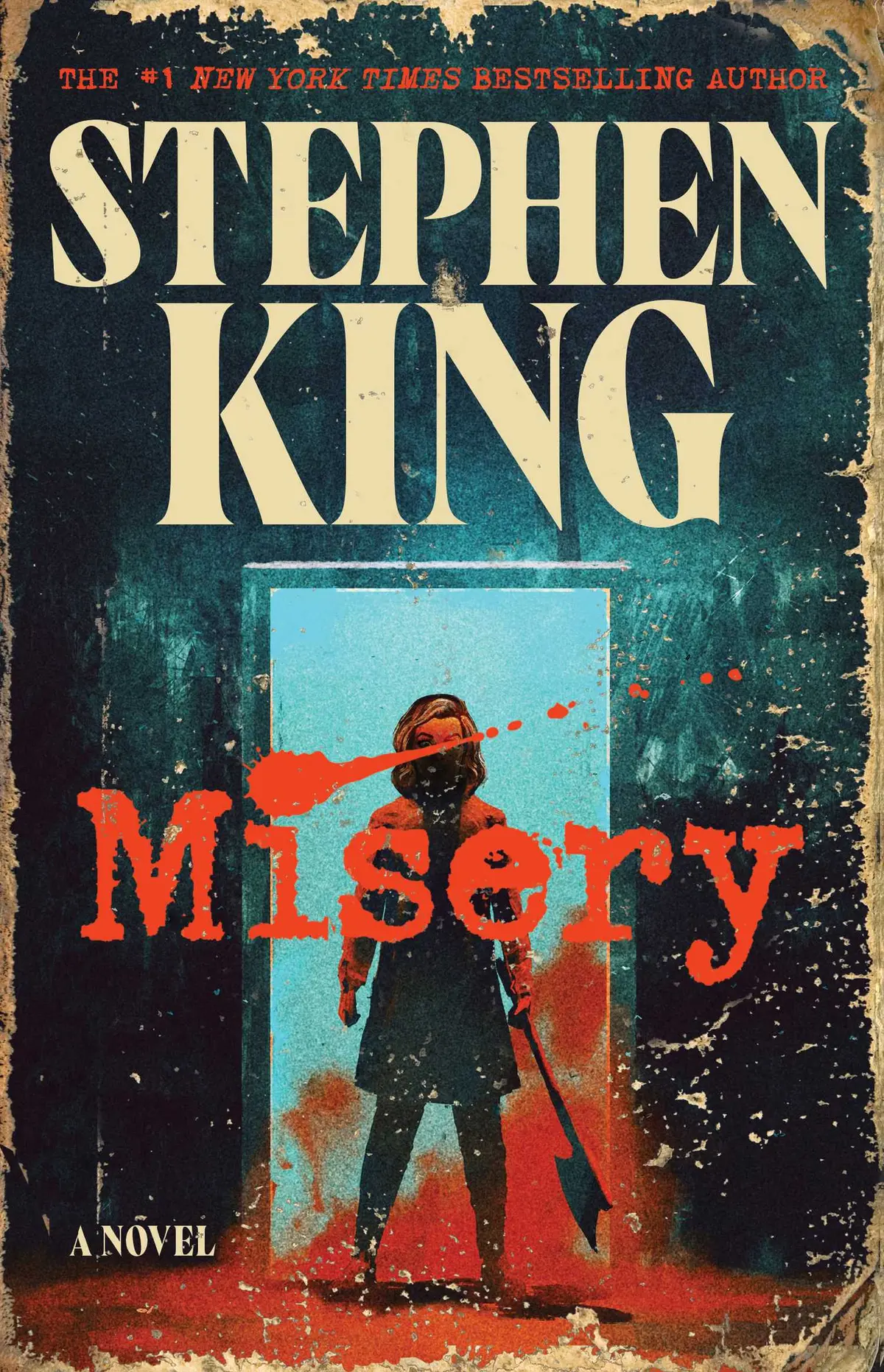 The book cover of Misery by Stephen King shows a woman holding an axe