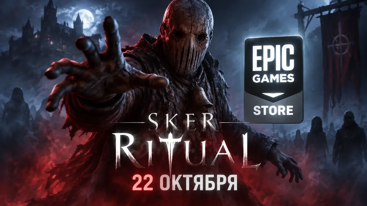 Культист Quiet Ones из Sker Ritual в мрачном тумане, рядом логотип Epic Games Store, бесплатная игра