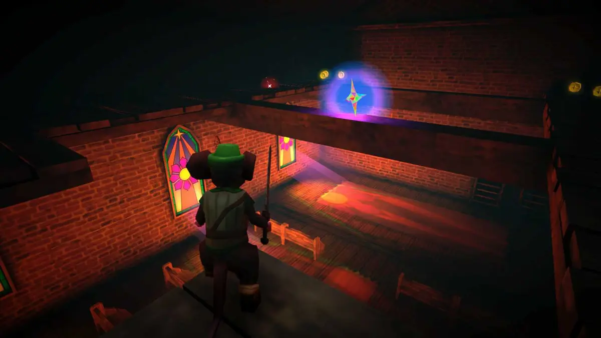 The player exploring the rafters of a church in Mouseward.