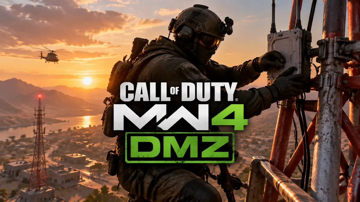 Оперативник Call of Duty Modern Warfare 4 DMZ ставит передатчик на вершине огромной радиовышки на закате