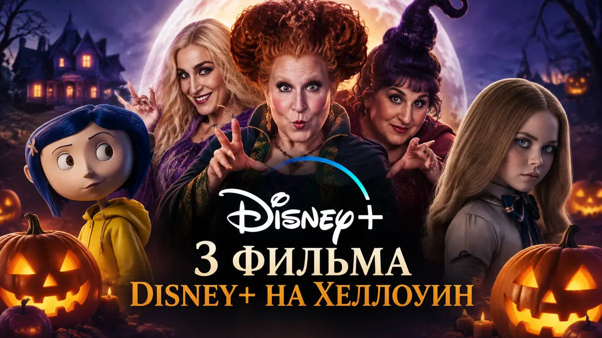 Постер подборки Disney+ на Хеллоуин: сёстры-ведьмы Сандерсон, девочка Коралина и андроид Сара на фоне тыкв