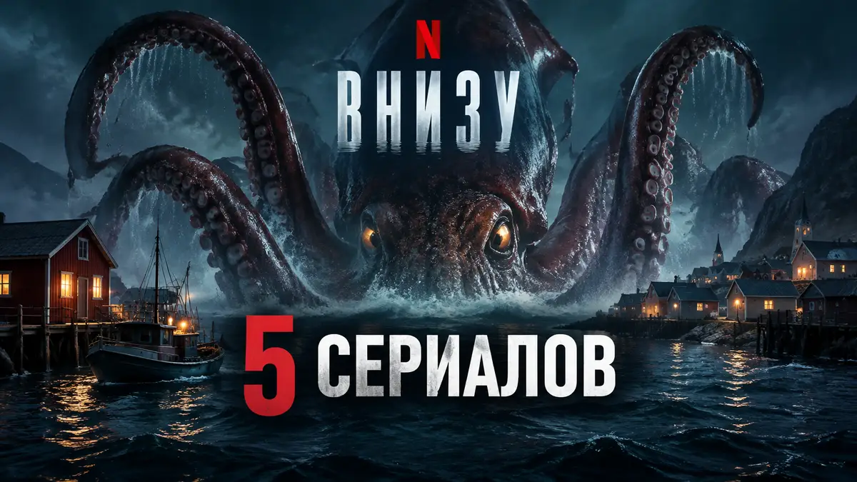 Гигантский кальмар поднимается из тёмных вод у рыбацкой деревни Ньюфаундленда, постер сериала «Внизу»