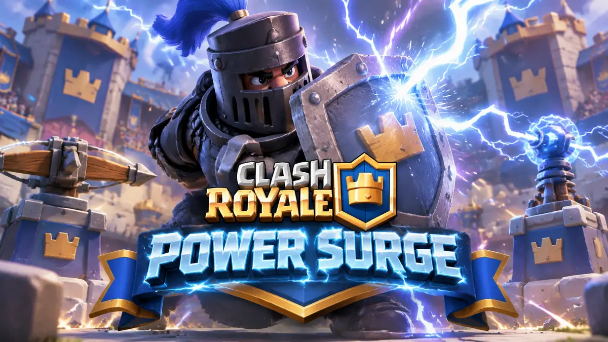 Dark Prince в доспехах со щитом под ударами молний на арене Clash Royale, рядом X-Bow и Tesla, турнир Power Surge