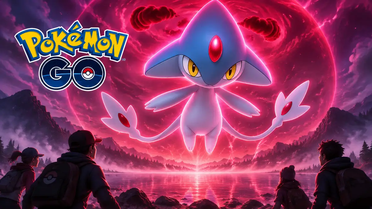 Dynamax Azelf из Pokémon Go — синий психический покемон с рубином на лбу парит над озером в красном сиянии