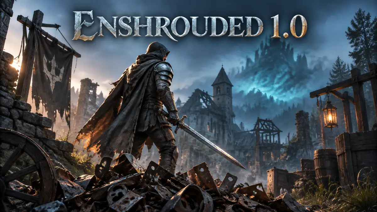 Воин Enshrouded с мечом среди руин деревни Rookmore, у ног груда Metal Scraps, туман Shroud вдали