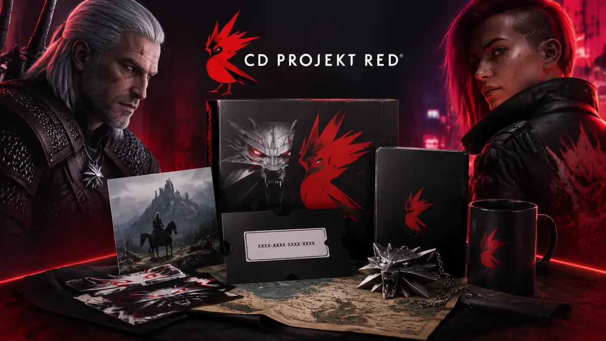 Коробочное издание игры CD Projekt RED с кодом и сувенирами в центре, логотип студии на тёмном фоне