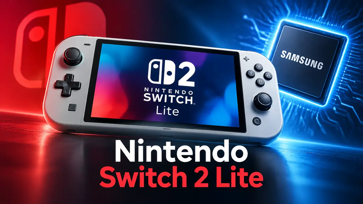 Компактная портативная консоль Nintendo Switch 2 Lite с цельным корпусом в центре, рядом сияет чип Samsung