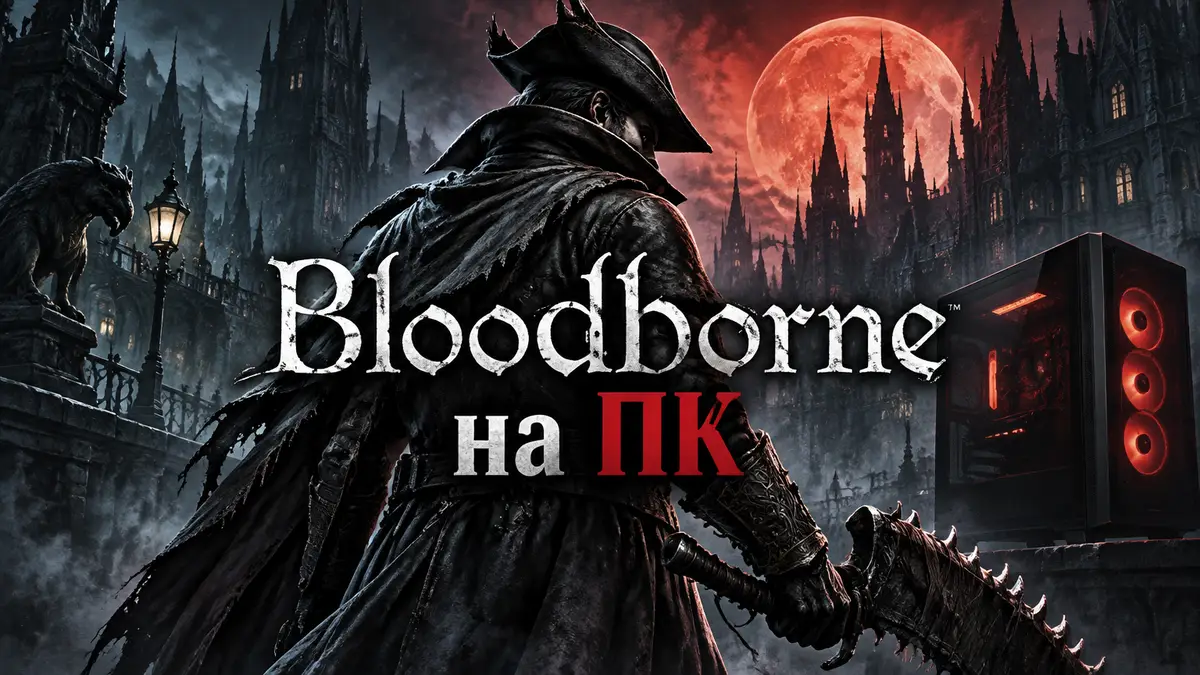 Охотник из Bloodborne в треуголке и плаще на фоне готического Ярнама, рядом силуэт ПК и логотип игры