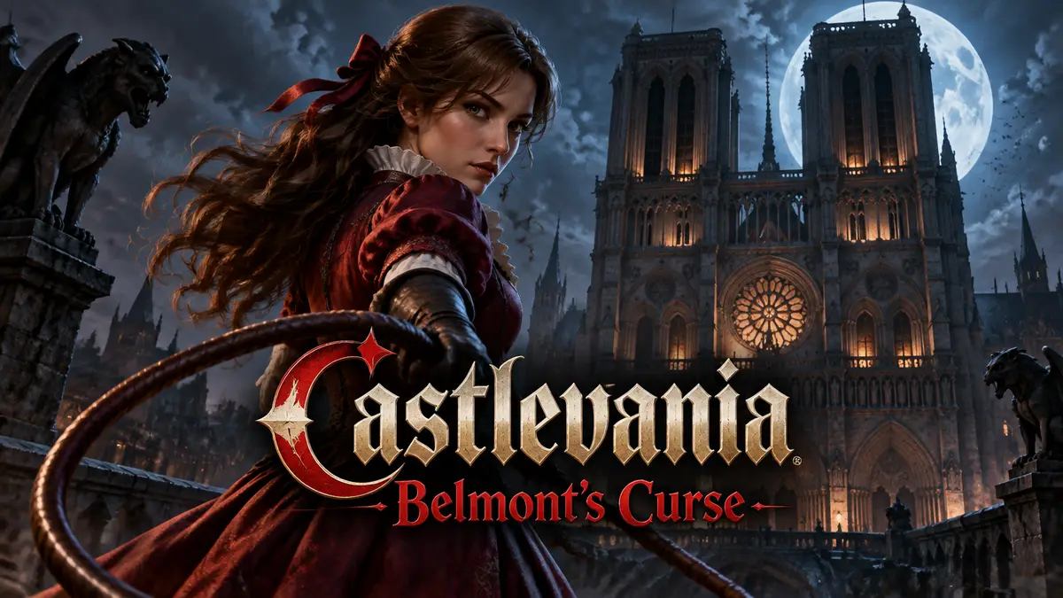 Охотница Rose перед готическим собором Notre-Dame в мрачном стиле Castlevania: Belmont's Curse