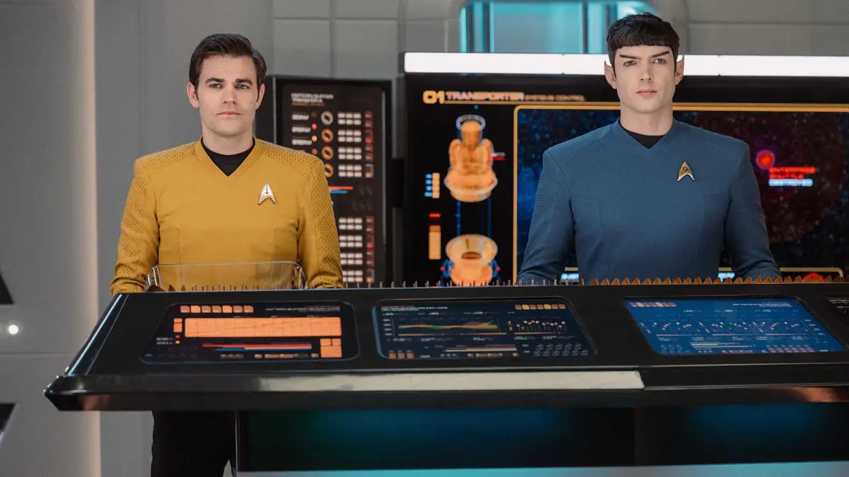 Kirk and Spock at the transporter controls