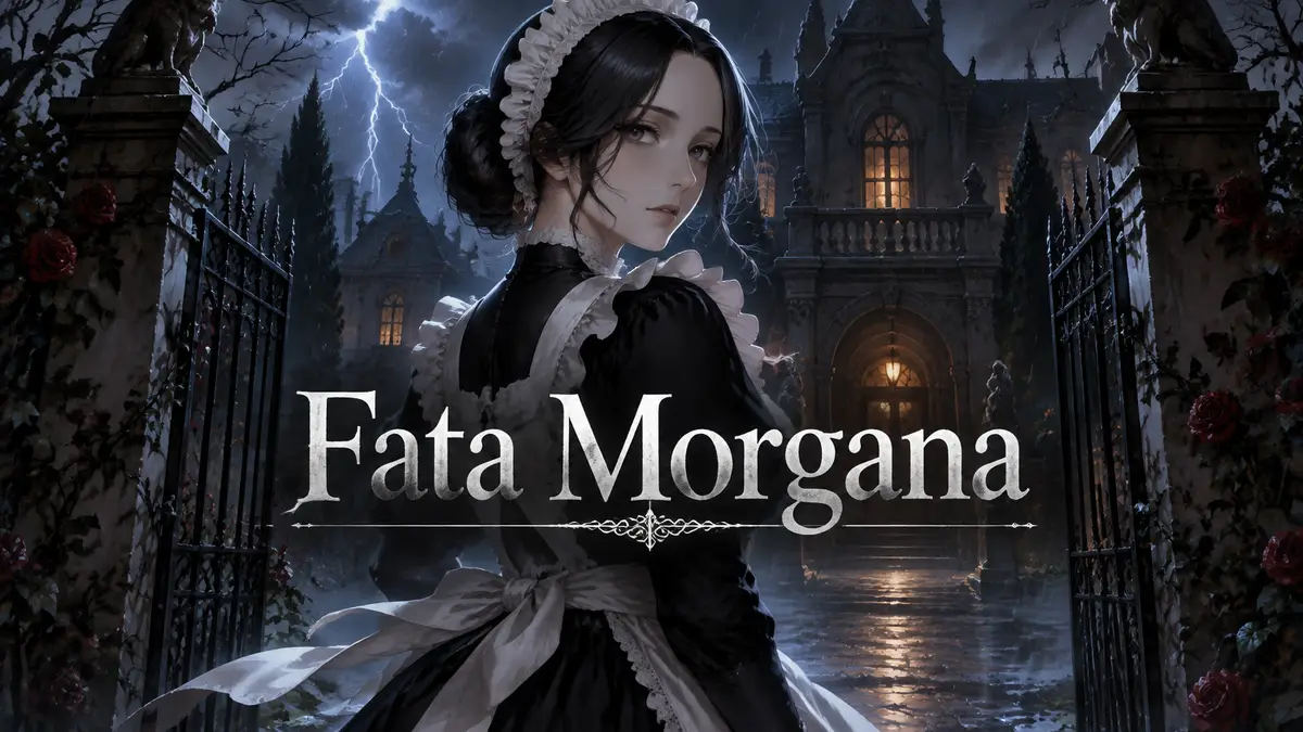 Таинственная горничная у входа в мрачный особняк The House in Fata Morgana в грозовую ночь