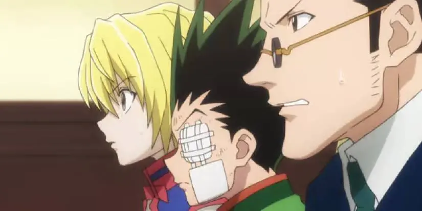 Gon, Kurapika, and Leorio look concerned in Hunter x Hunter.