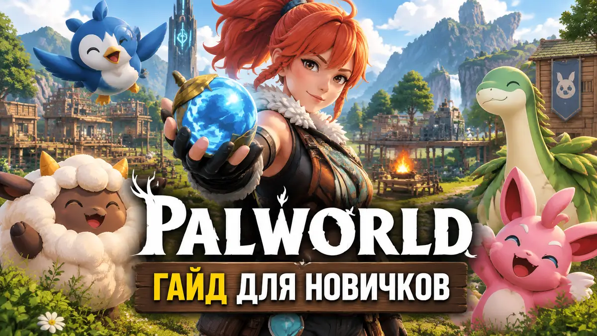 Герой Palworld в центре с Pal Sphere в руке, рядом милые Pal на фоне базы и зелёных холмов