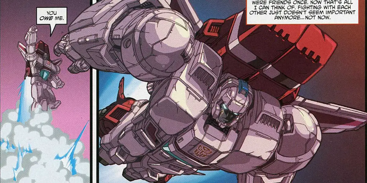 Transformers: Jetfire takes off, flying through the sky.