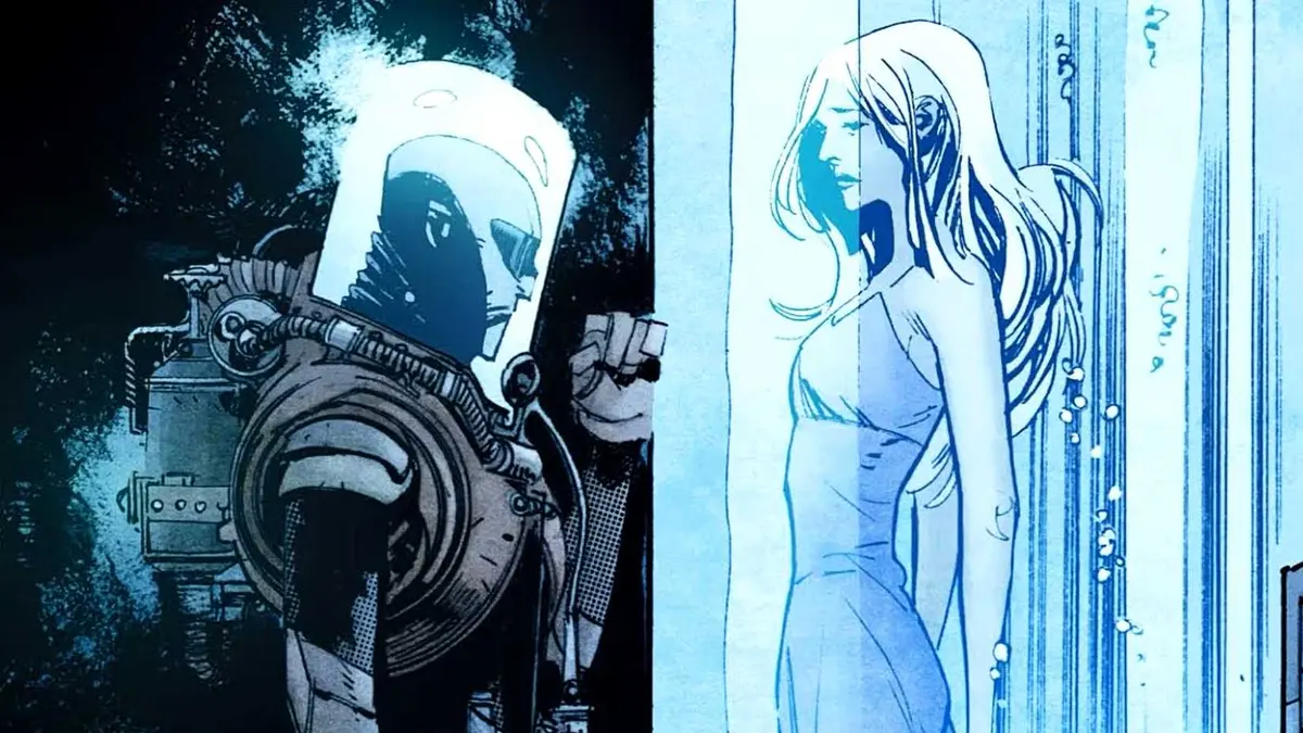 Mr Freeze looks at Nora Fries in his lab