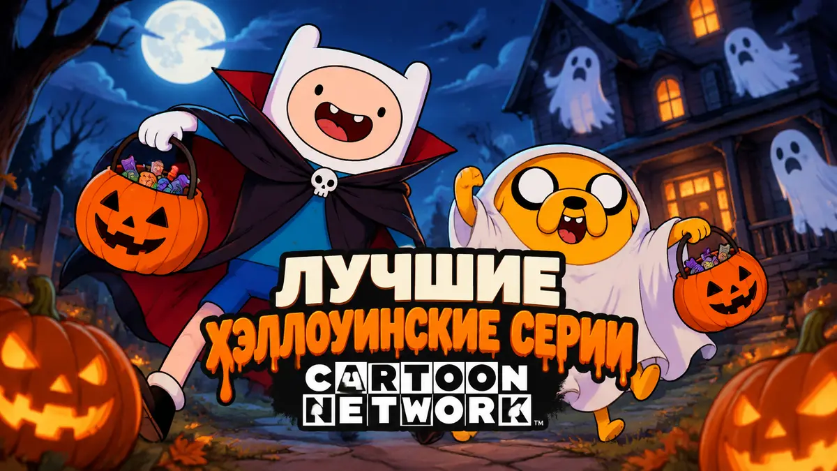 Финн и Джейк в хэллоуинских костюмах у дома с призраками, стиль Cartoon Network, тыквы и ночное небо
