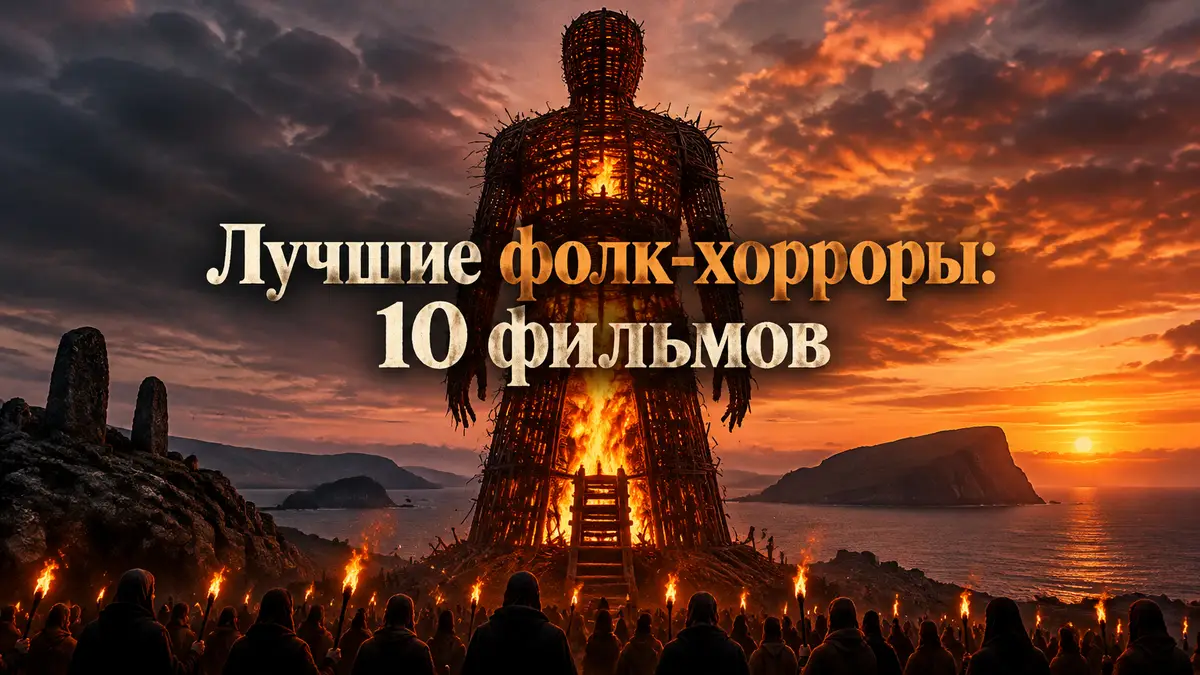 Огромная плетёная фигура на фоне шотландского острова на закате, постер подборки лучших фолк-хорроров