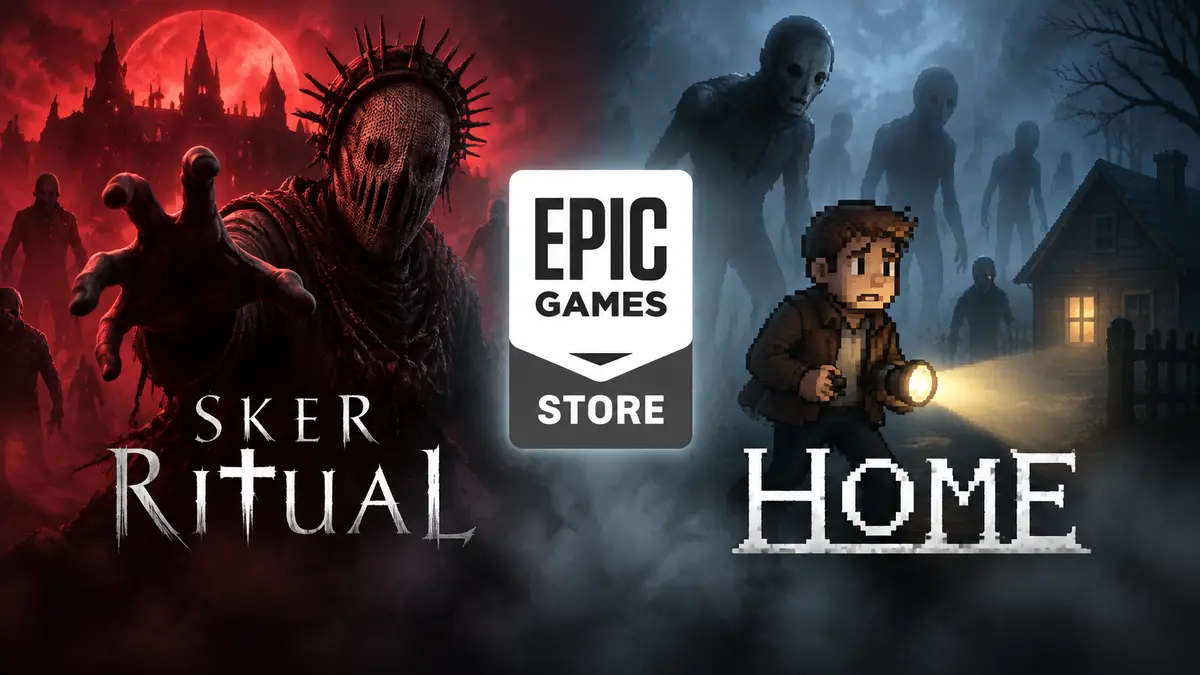 Постер хоррора Sker Ritual и Home: жуткие существа Quiet Ones в тумане рядом с пиксельным домом, Epic Games Store