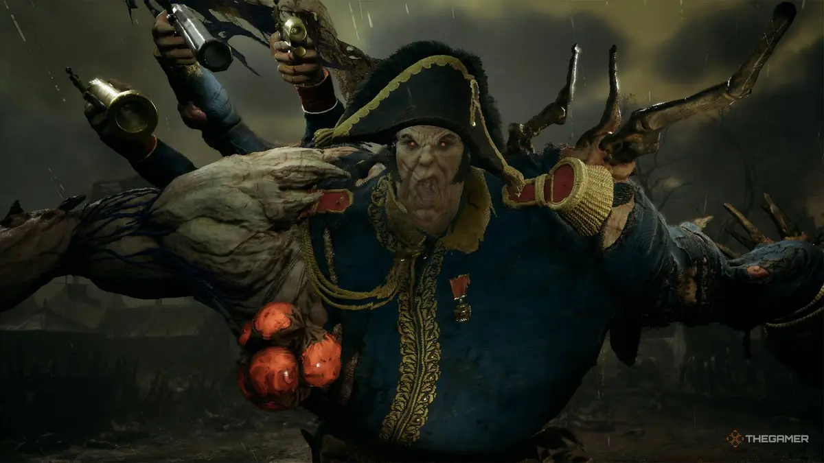 Valor Mortis closeup of introduction boss yelling at the camera.
