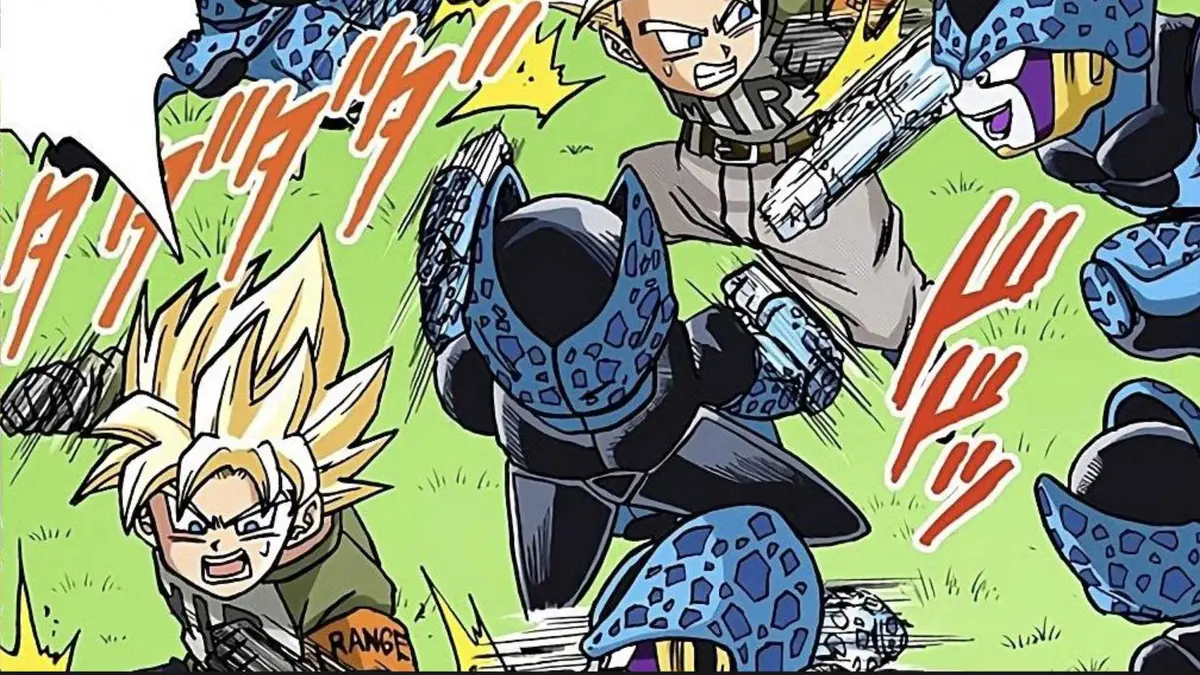 Super Saiyan Goten and Trunks fight Cell Juniors in Dragon Ball Super manga.