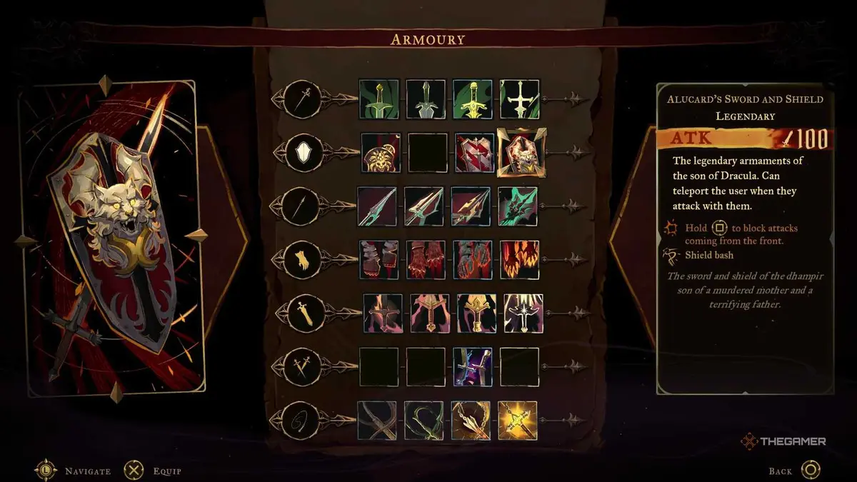 Alucard's Sword and Shield's inventory entry in Castlevania: Belmont's Curse.