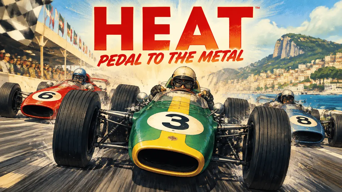 Гоночные болиды 1960-х мчатся по трассе на постере Heat: Pedal to the Metal, ретро-стиль и логотип