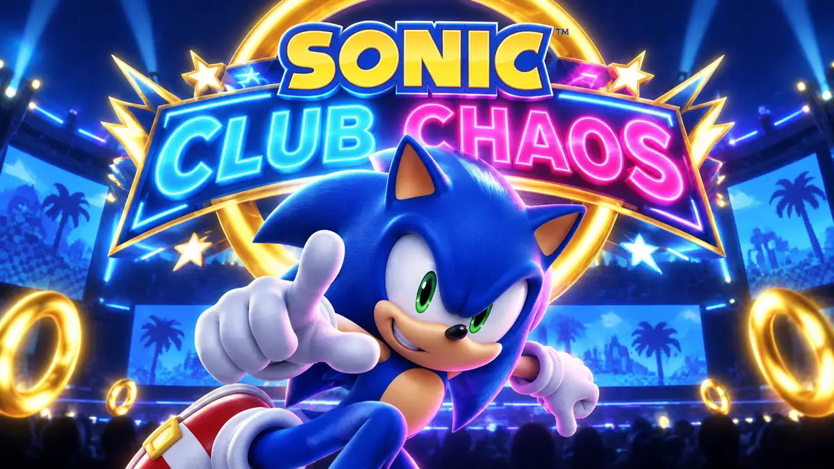 Еж Соник на фоне яркой неоновой вывески мероприятия Club Chaos