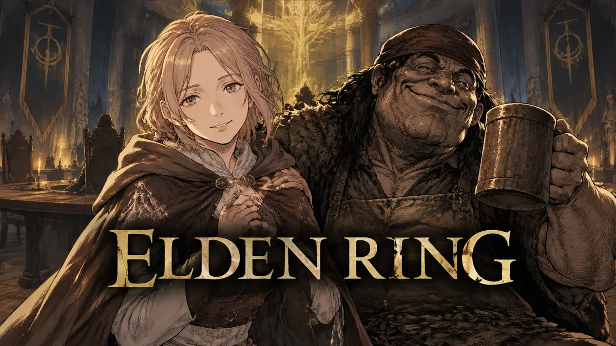 Roderika и Blackguard Big Boggart в рисованном стиле манги Elden Ring на фоне Roundtable Hold