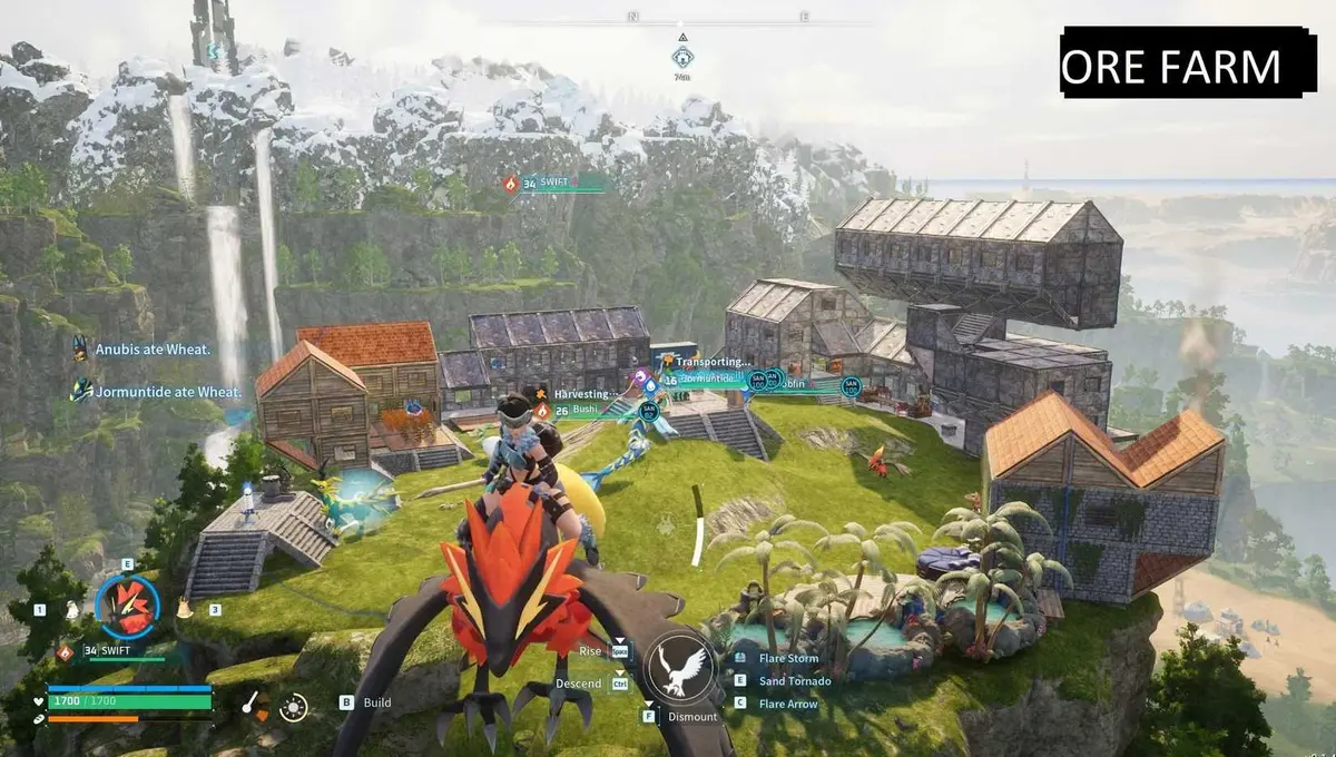 Palworld player flying over an ore farm