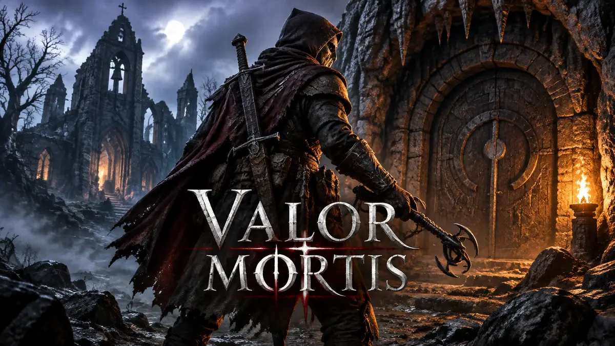Воин Valor Mortis с крюком-кошкой у старинной двери пещеры Caverns, рядом руины заброшенной церкви