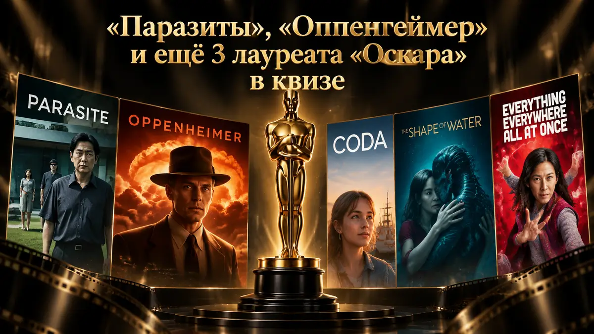 Пять постеров лауреатов «Оскара» за лучший фильм вокруг золотой статуэтки на тёмном кинематографичном фоне