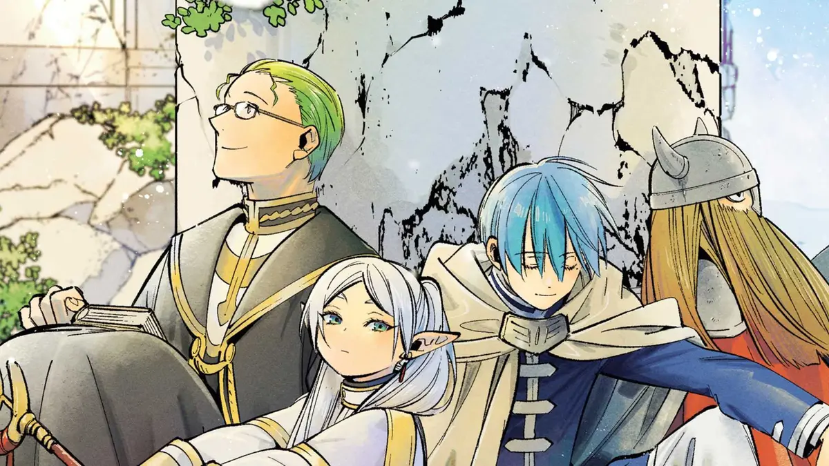 Frieren, Heiter, Himmel and Eisen sitting and resting in Frieren manga cover