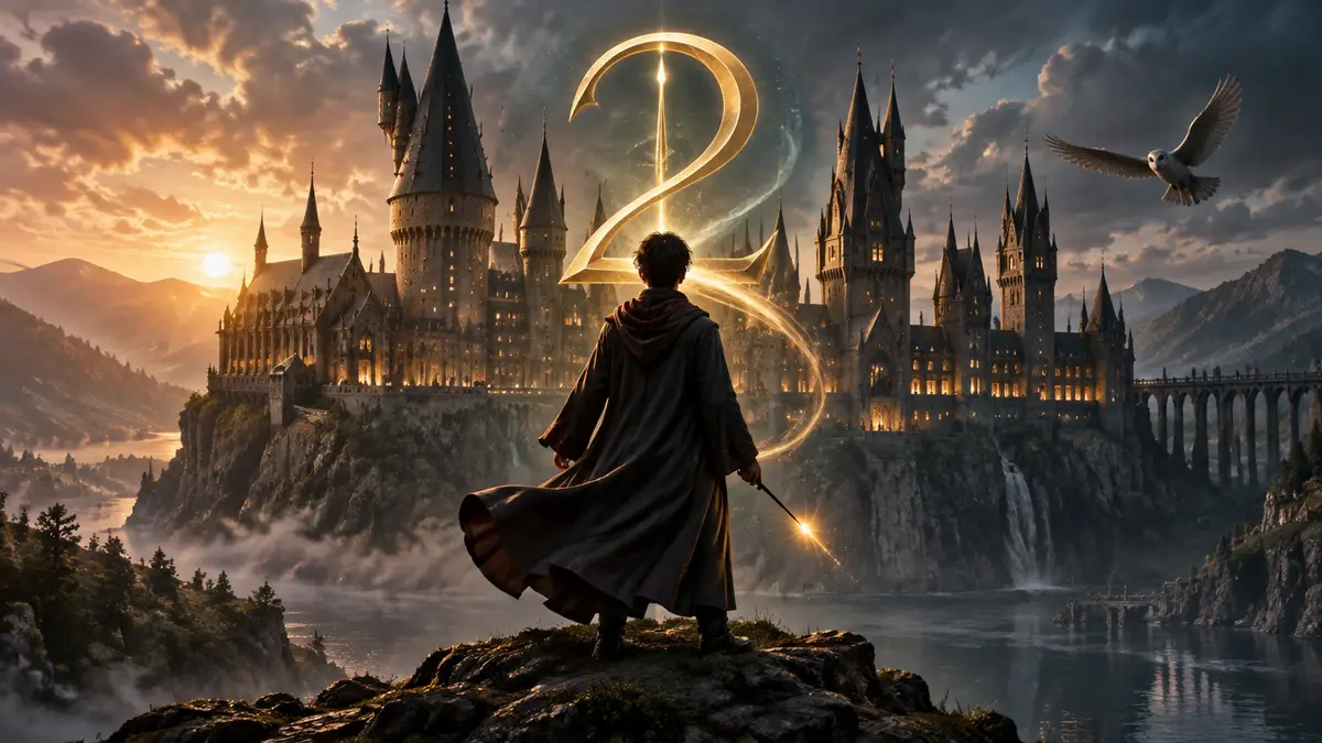 Студент-волшебник в мантии на фоне замка Хогвартс в стиле сериала HBO, логотип Hogwarts Legacy 2