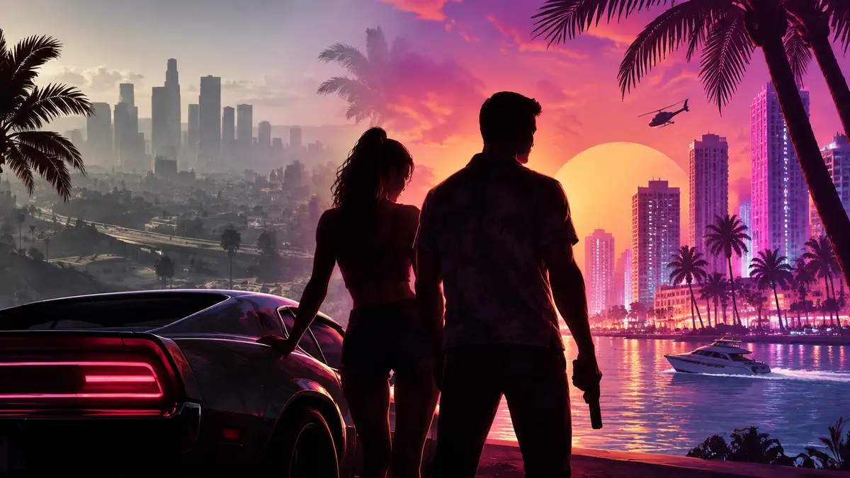 Солнечный неоновый город Vice City в стиле key art GTA 6, на фоне блеклый Лос-Сантос из GTA 5