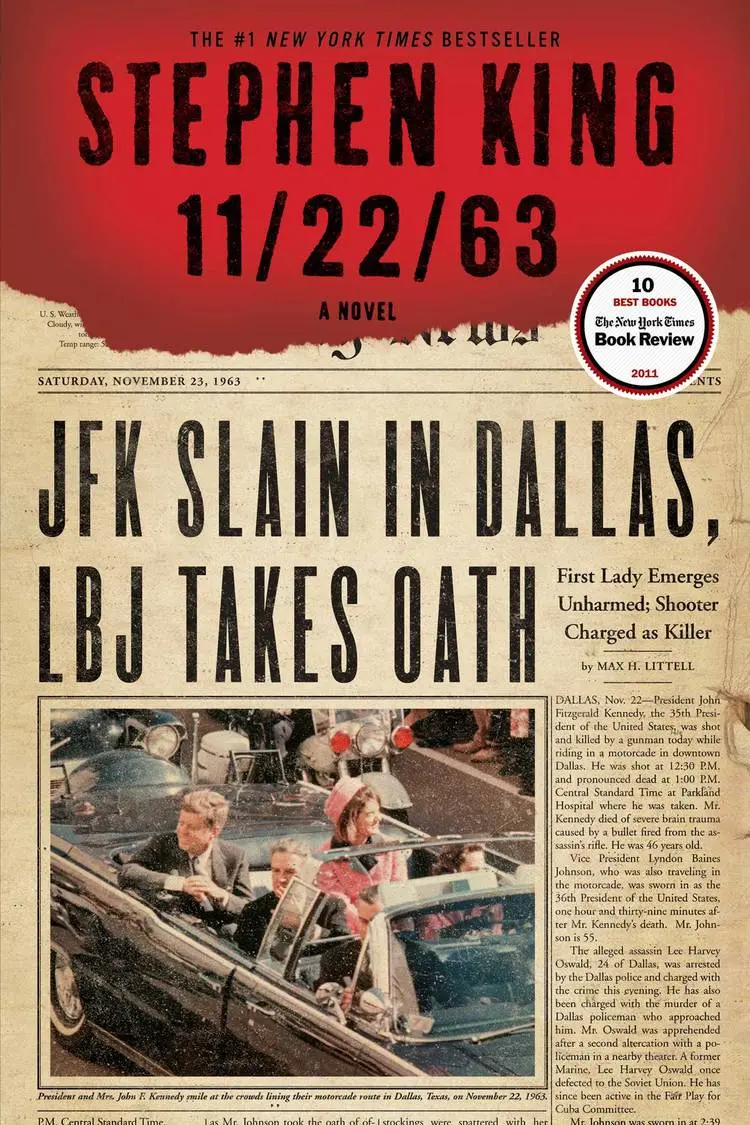 11/22/63 book cover, in the style of a newspaper featuring the death of JFK
